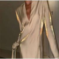 Vestido informal suelto para mujer, cuello en V, hombrera, manga larga, bata con ventilación para mujer, primavera 2025, nueva moda, vestidos rectos elegantes para mujer - details 2