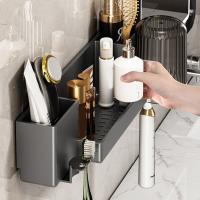 Soporte de plástico para cepillos de dientes, soporte para vasos de enjuague bucal de gran capacidad montado en la pared con tazas, estante de almacenamiento para inodoro que ahorra espacio para el hogar - details 4