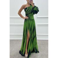 Vestido de gala largo asimétrico con estampado de rayas - Tul italiano holográfico y tecnología para graduaciones/bodas - details 13