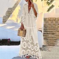 Vestido largo bohemio con cuello en V y borlas para mujer, informal, de talla grande, a la moda, liso, bohemio, para vacaciones - details 2
