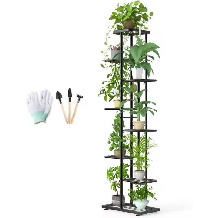 Estante de Almacenamiento para Plantas Metal Negro, Herramientas de Jardín y Guantes, 141 cm, Para Interior y Exterior, Escaleras para Plantas, para Balcón - 1
