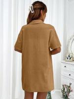 Conjunto de camisa de dos piezas de color sólido con pantalones cortos de moda para mujer, informal, suelto, manga corta, una sola fila - details 5