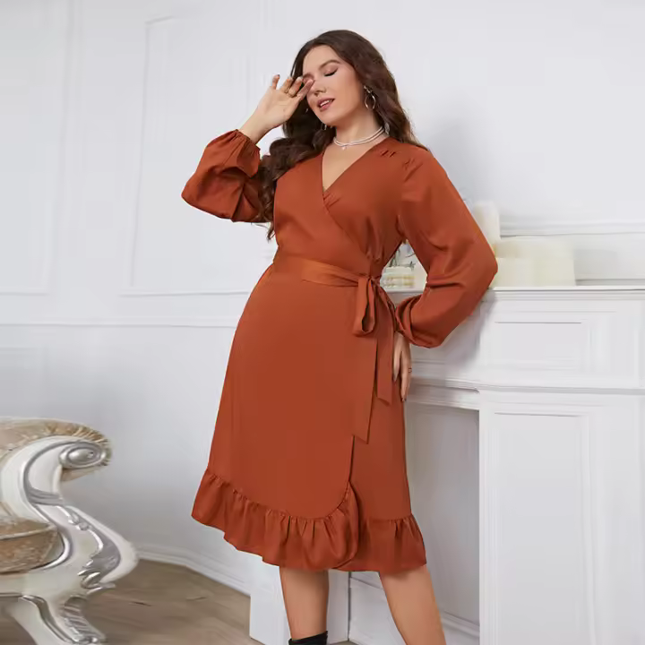 Vestido de una pieza de manga larga de primavera y otoño de talla grande con cintura ajustada - 1