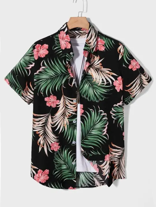Camisa casual hawaiana de vacaciones para hombre, botón de manga corta, estampado de plantas TRCAL - 1