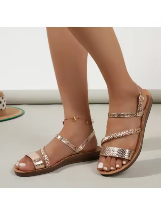 Sandalias Planas de Moda para Mujer GIOIO Correa Tejida de Rosa Dorada Tacón Bajo Marrón - 1