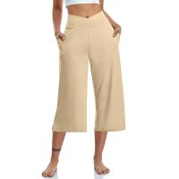2024 primavera y verano mujeres elástico cintura alta 3/4 pantalón sólido Casual ajuste activo pantalones de pierna Capris anchos pantalones con bolsillos - details 4