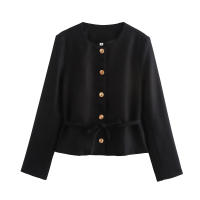 Elegant Black White Jacket For Women Autumn O Neck Long Sleeve Crop Coat Single Breasted With Belt Lady New Outerwear - details 0