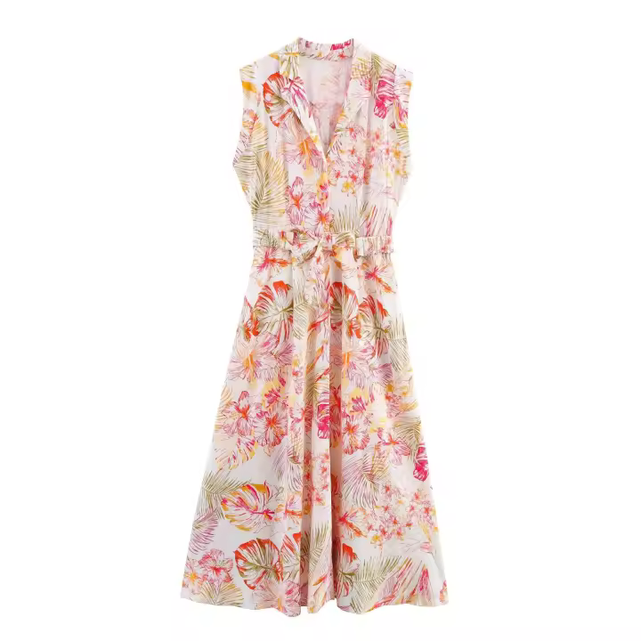 Falda plisada con estampado de moda para mujer, elegante vestido delgado de manga corta con cuello en V, regalo - 1