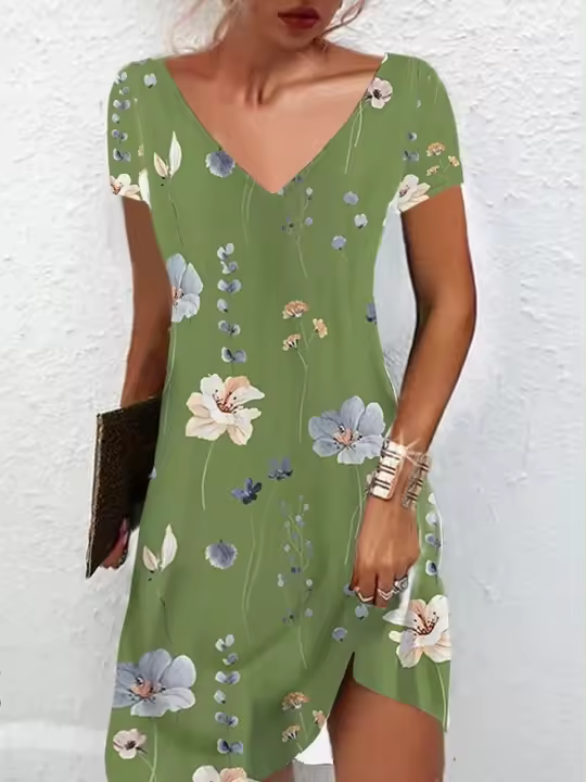Mini vestido con cuello en V para mujer, Camiseta con estampado de grupo, moda activa para exteriores, diario, manga corta, ajuste regular - 1