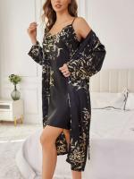 Conjunto de traje casual floral de satén de seda, bata con cinturilla, pijama, conjunto de ropa de dormir de dos piezas para todas las estaciones - details 9