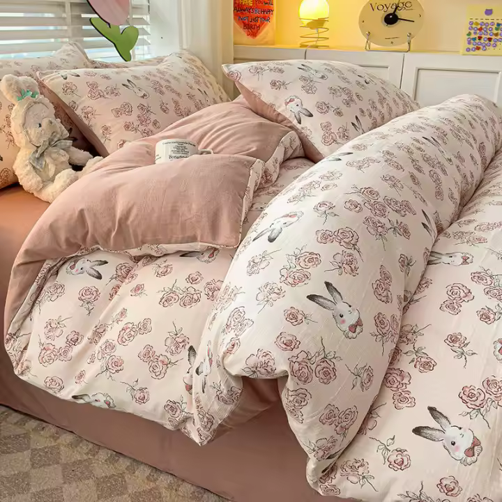 Juego de cama: Sábana ajustable de algodón lavado puro de cuatro piezas, funda de edredón, juego de tres piezas de cama individual para dormitorio de estudiantes: Sábana, funda - 1