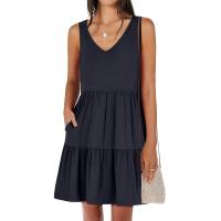 Vestido casual de verano para mujer, sin mangas, con cuello en V, camiseta, vestido de verano, mini vestidos de vacaciones en la playa - details 8