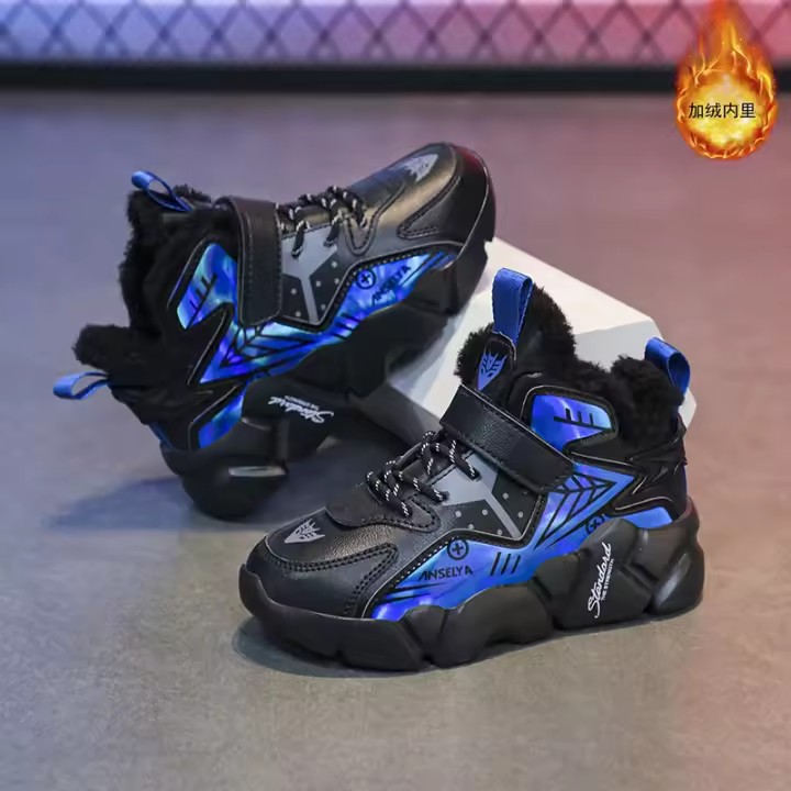Zapatos de algodón para niños, zapatos informales para exteriores, parte superior de PU antideslizante, zapatos de moda para estudiantes, zapatos cálidos de felpa de alta calidad para niños - 1