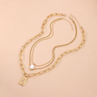 Collar con colgante de cabeza de nadie con relieve geométrico para mujer, cadena de hueso de serpiente con perlas multicapa, decoración - details 1