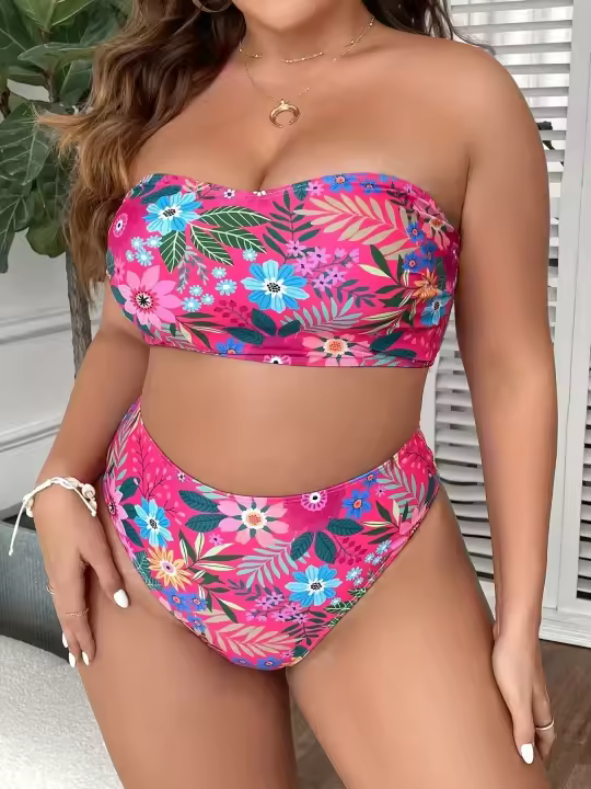 Conjunto de Bikini sin tirantes para mujer, traje de baño Sexy con estampado, traje de baño de talla grande, traje de baño femenino de estilo vendaje, ropa de playa 5XL - 1
