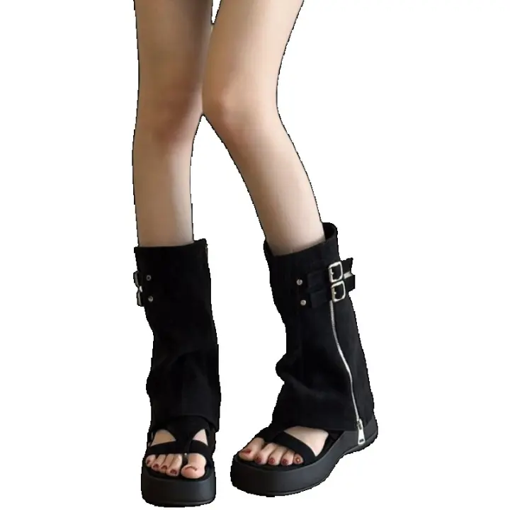 Botas extraíbles de dos usos, botas altas de mujer con punta cuadrada francesa, hebilla de cinturón, pantalones, botas delgadas retro, botas largas y frescas. - 1