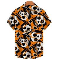 Camiseta Casual de Hip-Hop para Hombres Manga Corta, Estampado de Calavera, Talla Grande, Ropa Casual Hawaiiana, Botones de Escote, Moda Callejera Vintage - details 5