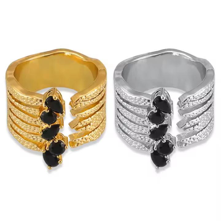 Nuevos anillos llamativos y elegantes Diseño texturizado multicapa Anillo abierto con diamantes Joyería de lujo chapada en oro - 1