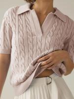 Suéter de manga corta con cuello en V para mujer, Jersey informal de punto con cuello de solapa suave, color rosa, a la moda, Y2K - details 1
