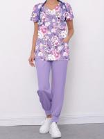 Conjunto De Dos Piezas De Uniforme Con Estampado Floral, Blusa Médica Funcional Con Cuello En V Y Pantalones De Uniforme - details 2