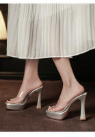 Transparente tacones altos impermeable mesa de una palabra cristal zapatillas frescas tacón grueso hermoso desgaste exterior verano super tacón alto - details 23