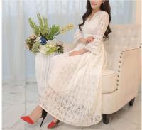 Vestido largo de encaje para mujer, ahuecada túnica, falda elegante, mangas largas, beige, 34 - details 4