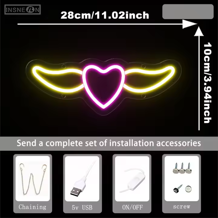 Luz de neón con forma de corazón volador, diseño de alas, letrero de neón alimentado por USB, lámpara LED, fiesta de cumpleaños, letrero para habitación del hogar, decoración de pared colgante, led de corazón - 1