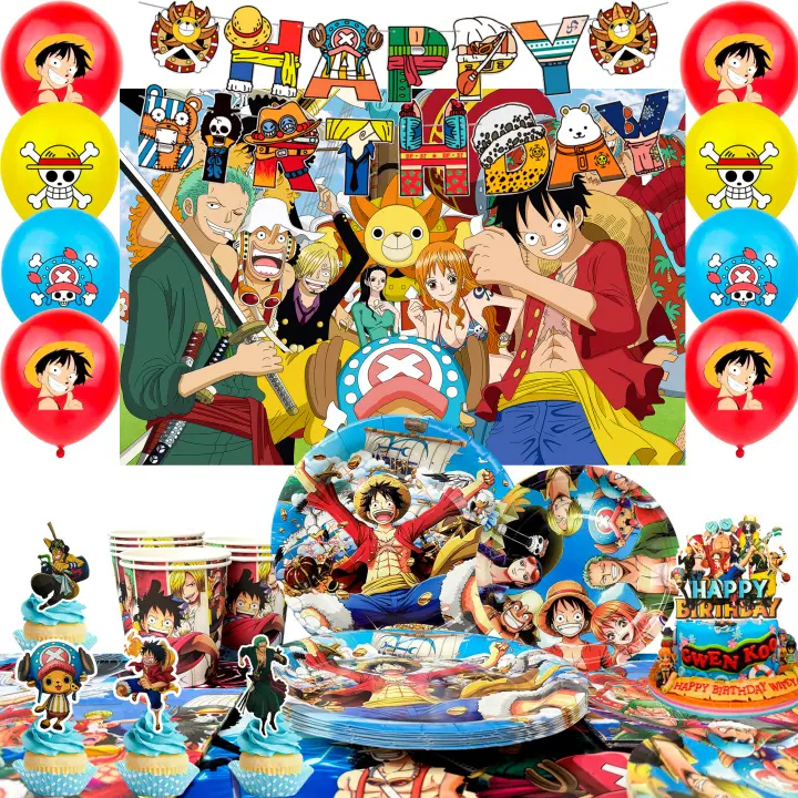 Decoraciones de cumpleaños de una pieza para niños, decoraciones de fiesta de una pieza y juego de vajilla de fiesta de una pieza - Banner de cumpleaños de anime de una pieza, globos, platos, servilletas, etc. Suministros para fiestas de cumpleaños de una - 1