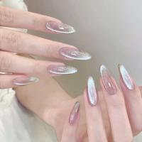 24 uñas de cristal largas y brillantes de almendra aurora de ojo de gato perlado, falsas prensadas en la punta de las uñas terminadas - details 0