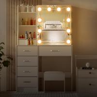 LED, tocador con espejo para maquillaje, 3 colores con brillo ajustable, mesa cosméticos con estantes ajustables, 6 cajones (131 x 80 x 36 cm) - details 4