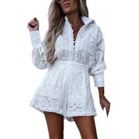 Conjunto de 2 unidades de blusa de manga larga para mujer, camisa de encaje hueco bordado de cintura alta con una hilera de botones, conjunto de pantalones cortos de pierna ancha para mujer - details 12