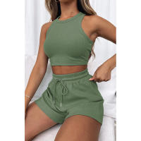 Conjunto de dos piezas de verano para mujer, chaleco sin mangas de color sólido con textura gofre y pantalones cortos casuales de moda. - details 3