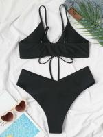 Nuevo conjunto de bikini de alta elasticidad verano 2025, sexy de dos piezas con cordones de color sólido para mujer, traje de baño de playa - details 9