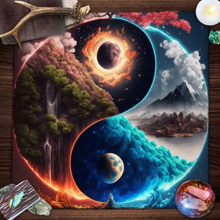Mantel de tela para tarjetas de altar, cielo estrellado, Luna, planetas, para extender Tarot, cubierta de lectura, cascada de montaña - 1