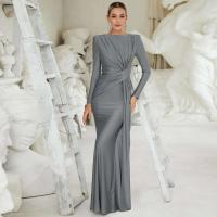 Vestido Formal Ocn para mujer, elegante vestido gris con cuello redondo y manga larga con pliegues y cintura alta, vestido de fiesta de noche - details 0