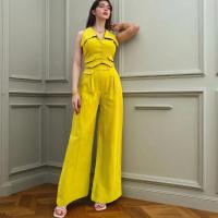 Conjunto de pantalones largos informales de dos piezas con cintura ajustada y manga de Color liso para mujer, novedad de verano - details 16