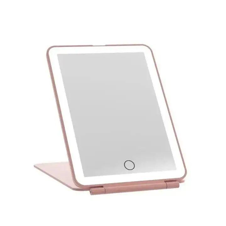 Espejo de Maquillaje Plegable LED Portátil 3 Modos de Luz Cargable USB Pantalla Táctil Rosa - 1