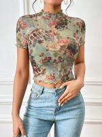 Nueva camiseta de manga corta elegante con estampado de malla, camisetas de manga corta con ribete de oreja de madera para mujeres - details 7