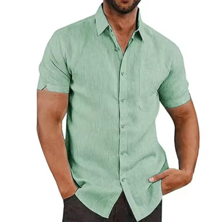 Camisas de Lino y Algodón para Hombre Camisas Informales de Manga Corta, Blusas Sólidas con Cuello Girado, Camisas Formales de Playa, Ropa de Verano - 1