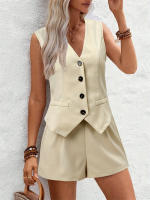 Conjunto Mujer 2025 - Chaleco Elegante con Botones y Shorts, Cuello en V, Tejido Transpirable - Moda Oficina y Casual - details 1
