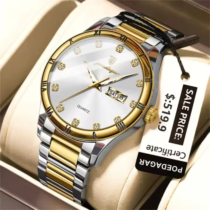 POEDAGAR Reloj de lujo para hombre con fecha y semana, reloj de pulsera luminoso resistente al agua para hombre, relojes deportivos de cuarzo de acero inoxidable para hombre - 1