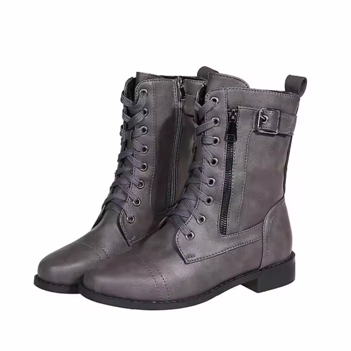 Botines de punta redonda con cordones para mujer, botas militares de combate de tacón bajo de media pantorrilla, botines de equitación - 1