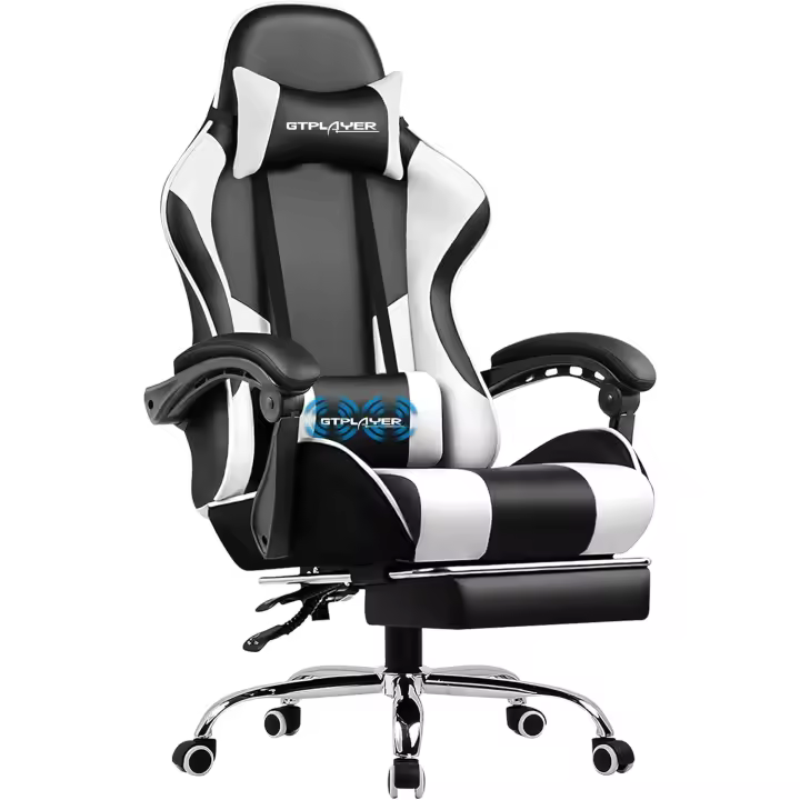 Silla Gaming con Masajeador Ergonómica Silla Gamer con Reposapiés Reposacabeza,Soporte Lumbar Silla Juego Ajustable en Altura con Asiento Giratorio para Oficina o Juegos Blanco - 1