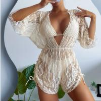 Traje de baño adelgazante de malla de manga larga para mujer 2025, conjunto de tres piezas de bikini con cordón de cintura alta - details 1