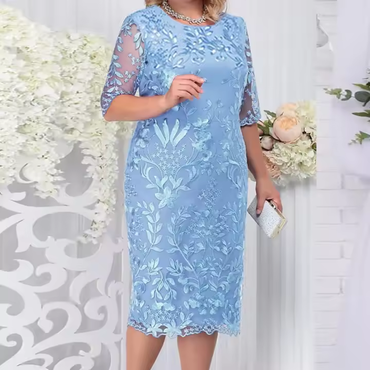 Vestidos de verano de talla grande 4xl 5xl para invitados de boda, vestidos de fiesta formales ajustados elegantes florales de encaje de manga corta para mujer - 1