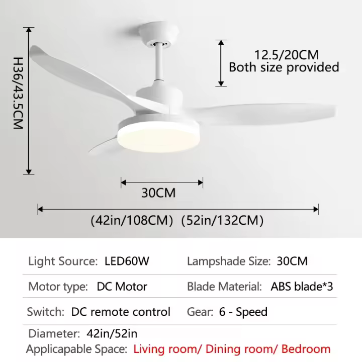 Ventilador de techo de 52 pulgadas con 3 aspas de ABS, motor de cobre puro de 35W CC, luz LED de 60W, compatible con control remoto y vientos fuertes. - 1