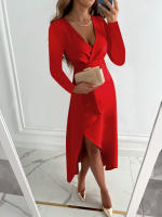 Vestido ajustado para mujer，Sexy elegante vestido Midi de manga larga profundoVVestido de fiesta con cuello - details 2
