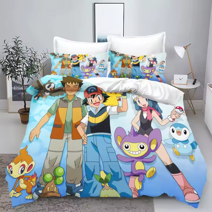 Juego de ropa de cama de dibujos animados para niños, funda de edredón de Pikachu, funda de almohada, regalo para niños - 1