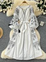 Vestido largo ceñido a la cintura con mangas abullonadas bordadas para primavera y otoño de estilo étnico bohemio para mujer A155 - details 5