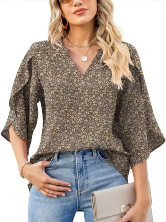 Elegante Blusa de Verano con Estampado Cuello en V para Mujeres Camisa Chic de Moda Joven - 1